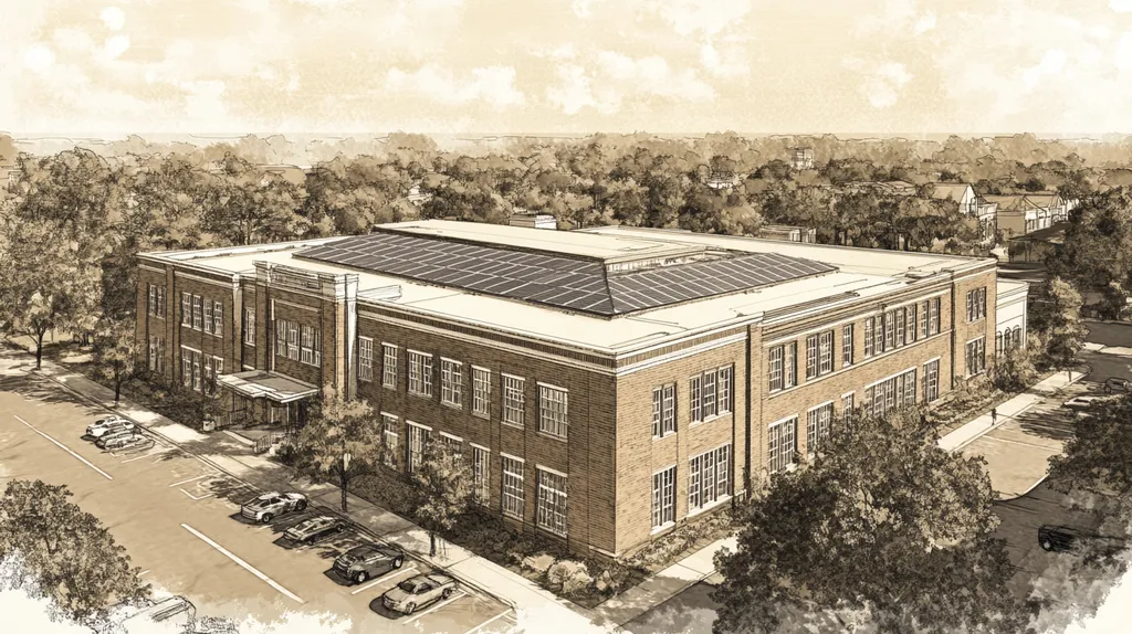 A commercial roof on a school in a location similar to Savannah with an architectural sketch rendering aesthetic (AI image)