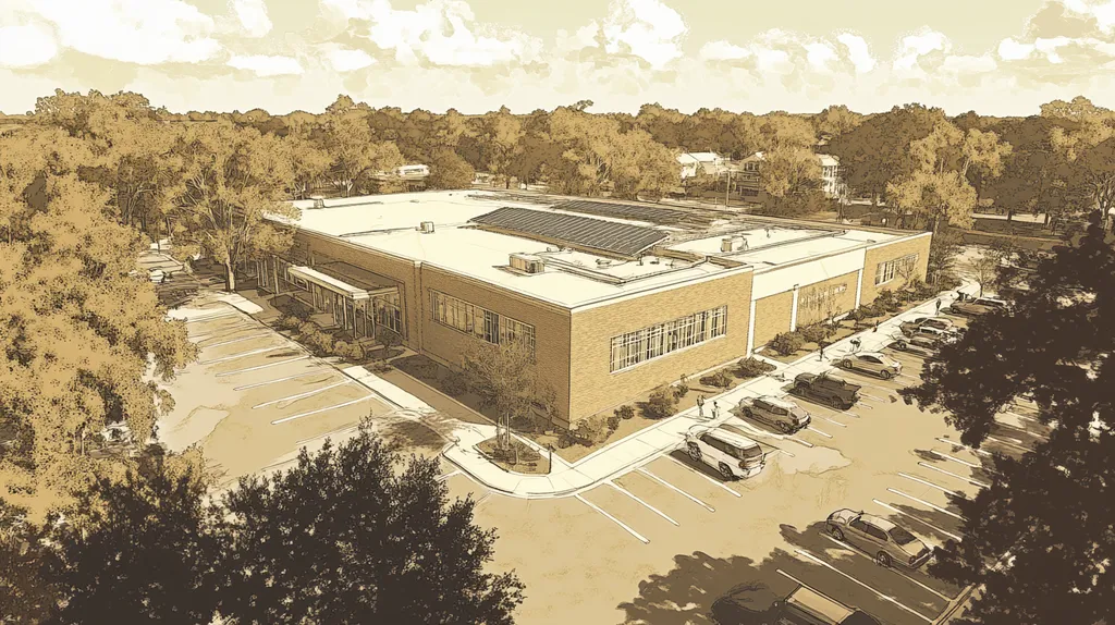 A commercial roof on a school in a location similar to Savannah with an architectural sketch rendering aesthetic (AI image)