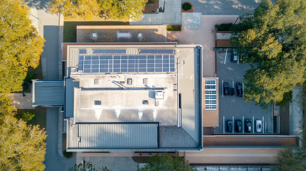A commercial roof on a school in a location similar to Savannah with a color highlight aesthetic (AI image)