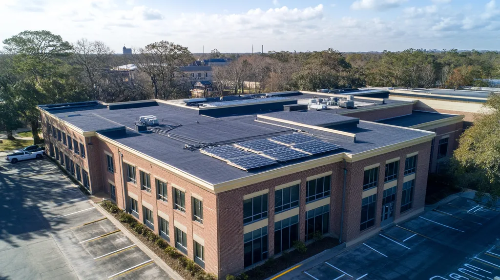 A commercial roof on a school in a location similar to Savannah with an urban context aesthetic (AI image)