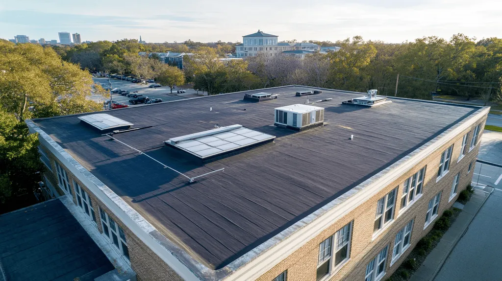 A commercial roof on a school in a location similar to Savannah with an urban context aesthetic (AI image)