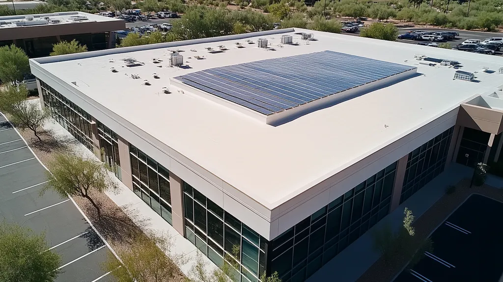 A commercial roof on a school in a location similar to Scottsdale with a futuristic aesthetic (AI image)