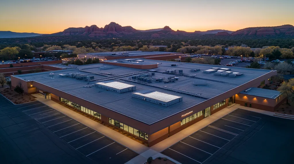 A commercial roof on a school in a location similar to Sedona with an illuminated nightscape aesthetic (AI image)
