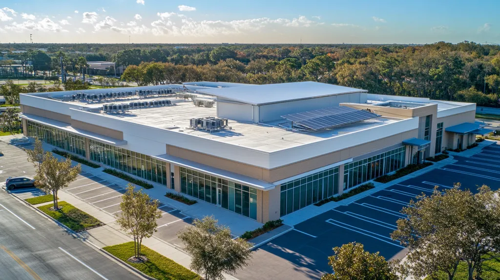 A commercial roof on a school in a location similar to Tampa with a stainless steel aesthetic (AI image)