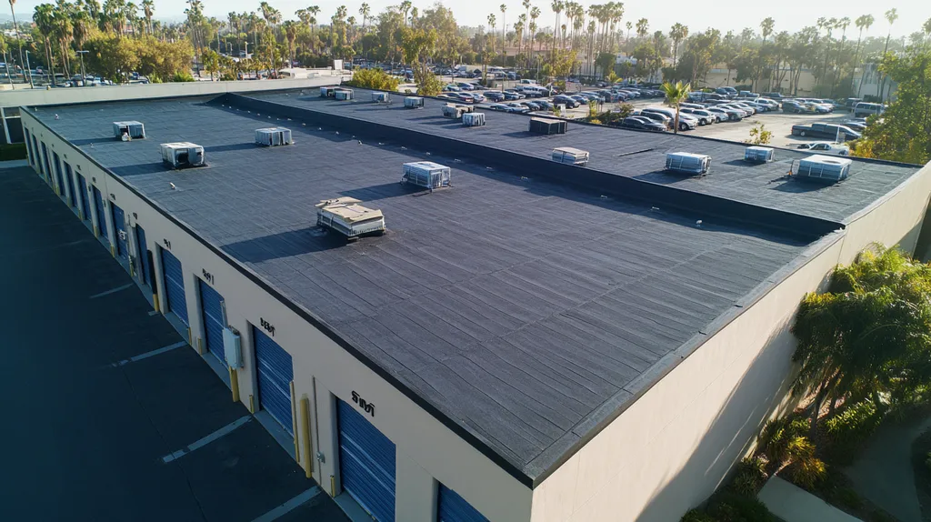 A commercial roof on a storage facility in a location similar to Beverly Hills with a cross-processed look aesthetic (AI image)