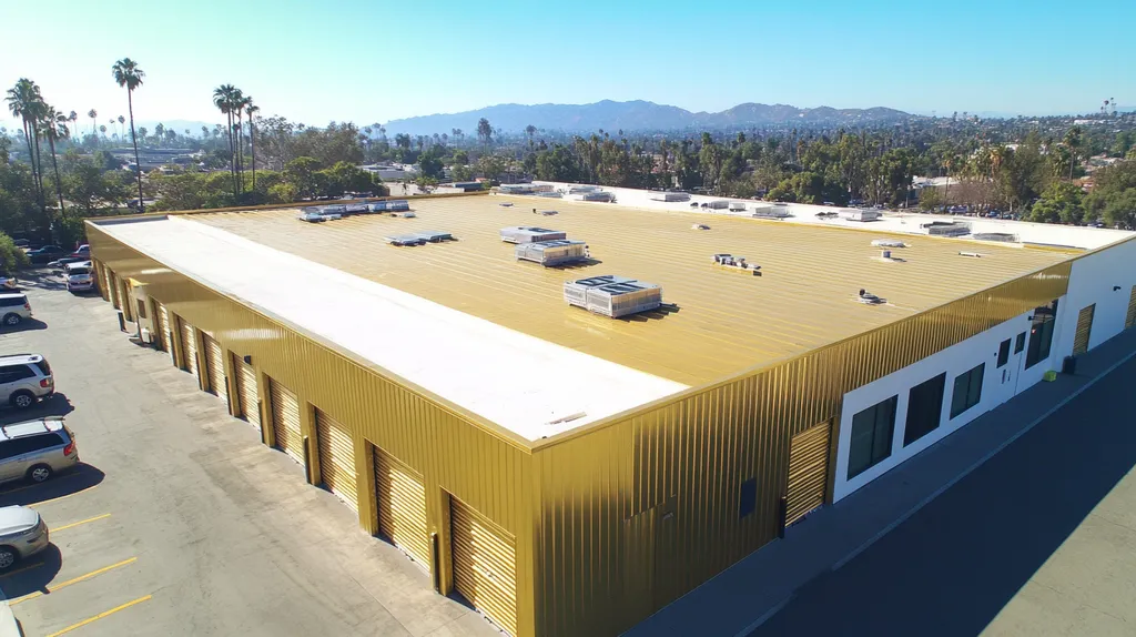 A commercial roof on a storage facility in a location similar to Beverly Hills with a solid gold aesthetic (AI image)