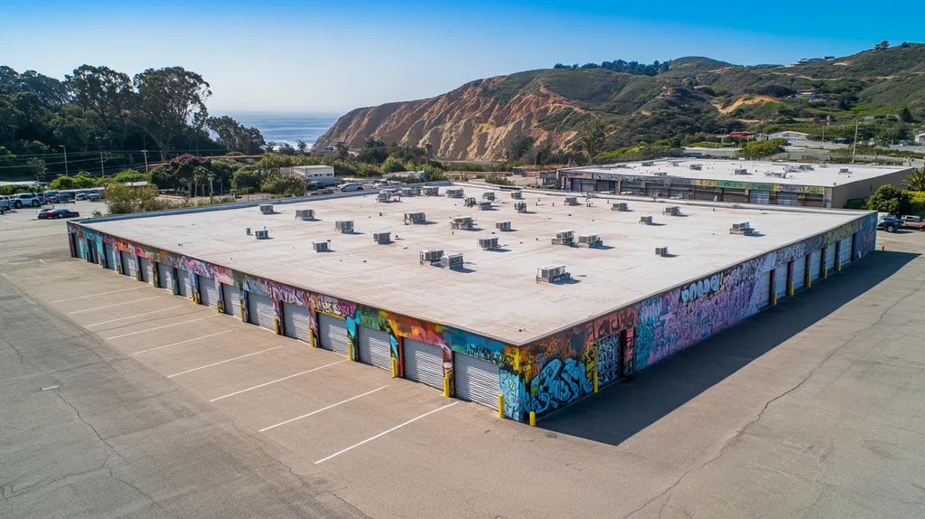 A commercial roof on a storage facility in a location similar to Big Sur with a graffiti mural aesthetic (AI image)