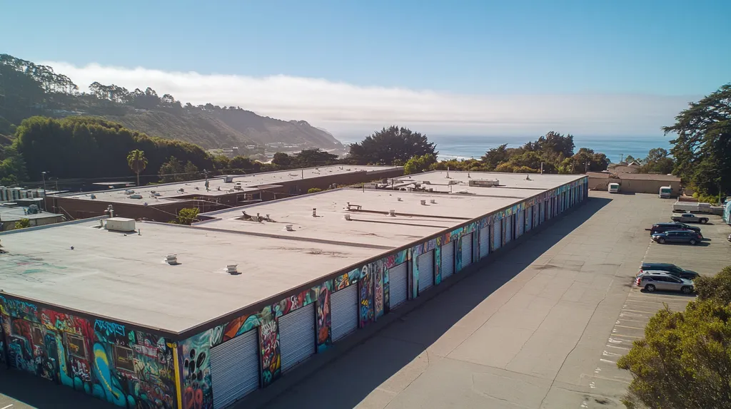 A commercial roof on a storage facility in a location similar to Big Sur with a graffiti mural aesthetic (AI image)
