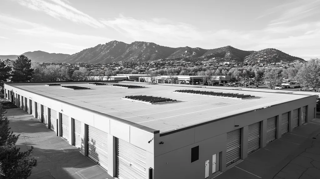 A commercial roof on a storage facility in a location similar to Boulder with a black and white photography aesthetic (AI image)