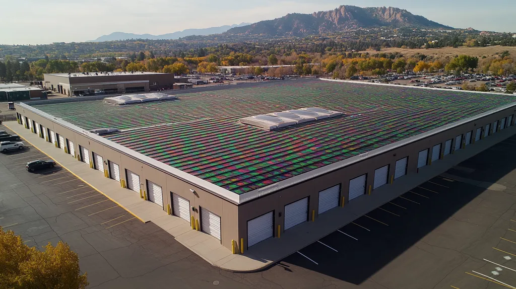 A commercial roof on a storage facility in a location similar to Boulder with a stained glass style aesthetic (AI image)