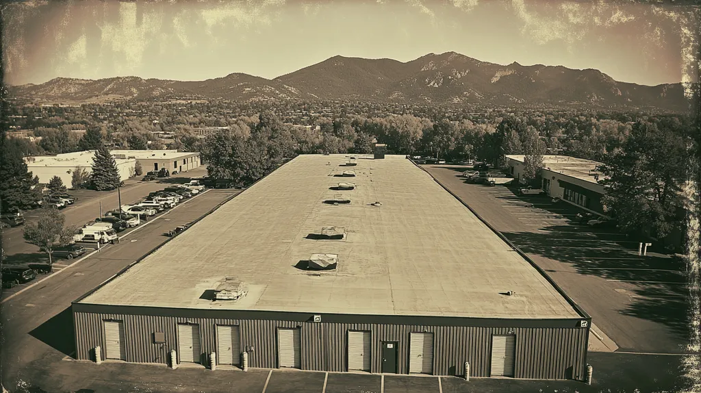 A commercial roof on a storage facility in a location similar to Boulder with a tintype aesthetic (AI image)