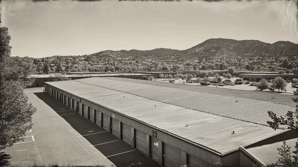 A commercial roof on a storage facility in a location similar to Boulder with a tintype aesthetic (AI image)