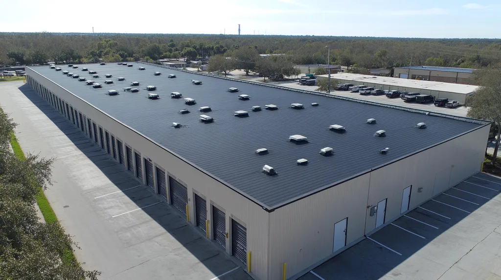 A commercial roof on a storage facility in a location similar to Charleston with a color highlight aesthetic (AI image)