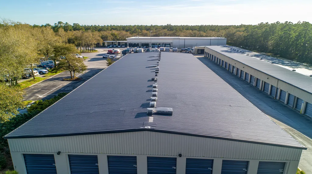 A commercial roof on a storage facility in a location similar to Charleston with a color highlight aesthetic (AI image)