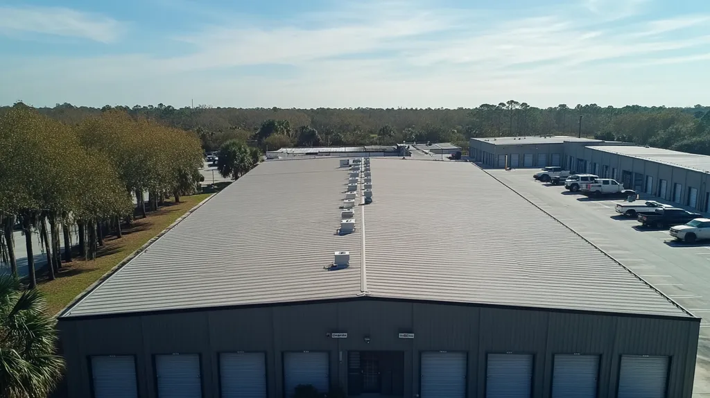 A commercial roof on a storage facility in a location similar to Charleston with a color highlight aesthetic (AI image)