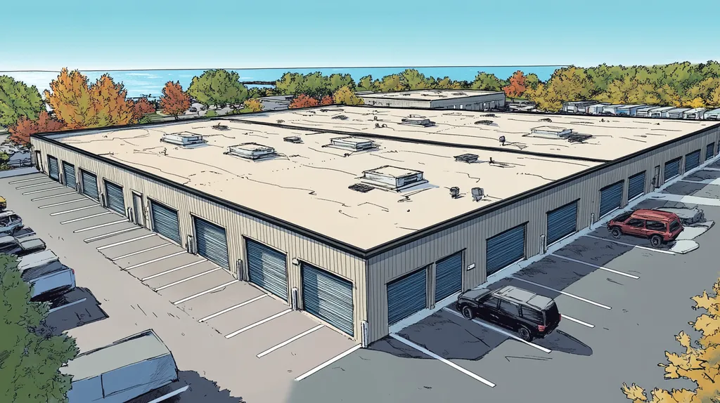 A commercial roof on a storage facility in a location similar to Chicago with a comic book style aesthetic (AI image)