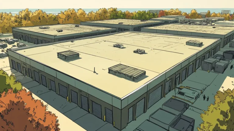 A commercial roof on a storage facility in a location similar to Chicago with a comic book style aesthetic (AI image)