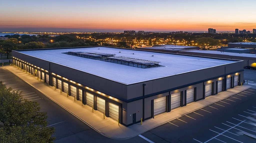 A commercial roof on a storage facility in a location similar to Chicago with an illuminated nightscape aesthetic (AI image)