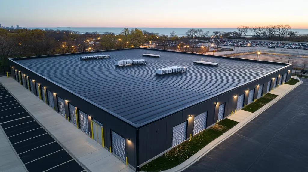 A commercial roof on a storage facility in a location similar to Chicago with an illuminated nightscape aesthetic (AI image)