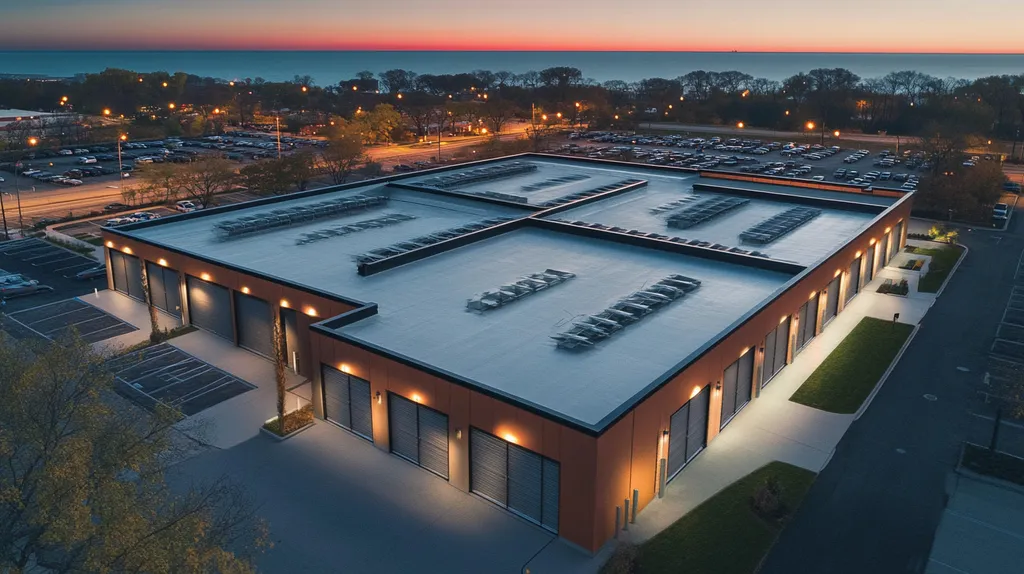 A commercial roof on a storage facility in a location similar to Chicago with an illuminated nightscape aesthetic (AI image)