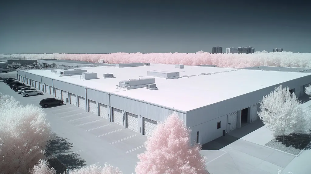 A commercial roof on a storage facility in a location similar to Chicago with an infrared photography aesthetic (AI image)