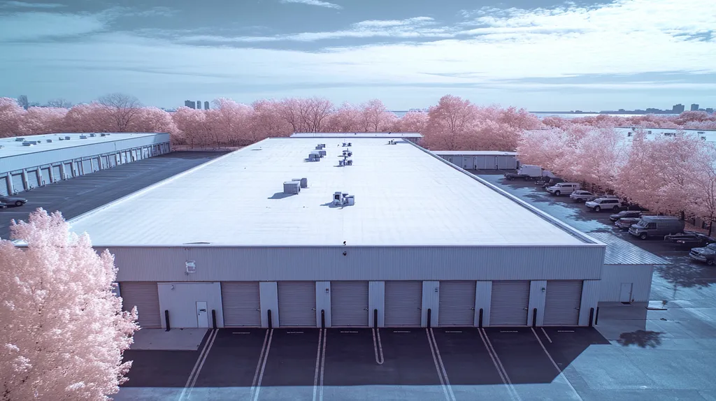 A commercial roof on a storage facility in a location similar to Chicago with an infrared photography aesthetic (AI image)