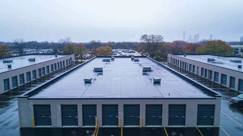 A commercial roof on a storage facility in a location similar to Chicago with a rainy day aesthetic (AI image)