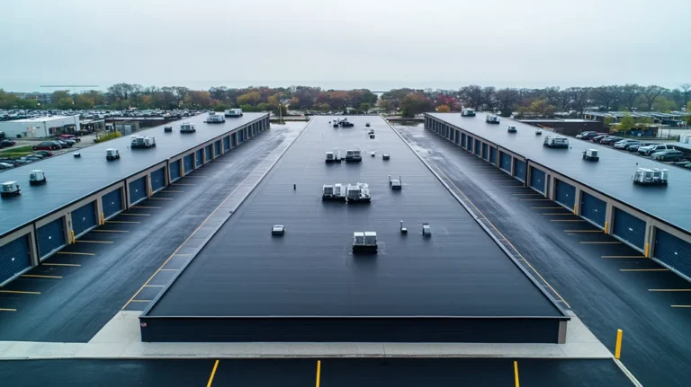 A commercial roof on a storage facility in a location similar to Chicago with a rainy day aesthetic (AI image)