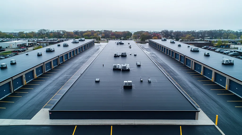 A commercial roof on a storage facility in a location similar to Chicago with a rainy day aesthetic (AI image)