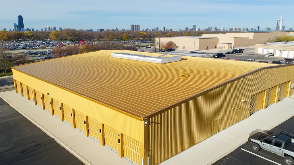 A commercial roof on a storage facility in a location similar to Chicago with a solid gold aesthetic (AI image)