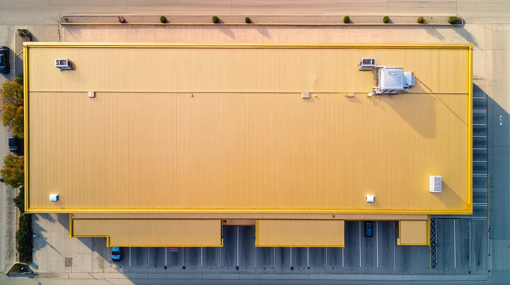 A commercial roof on a storage facility in a location similar to Chicago with a solid gold aesthetic (AI image)