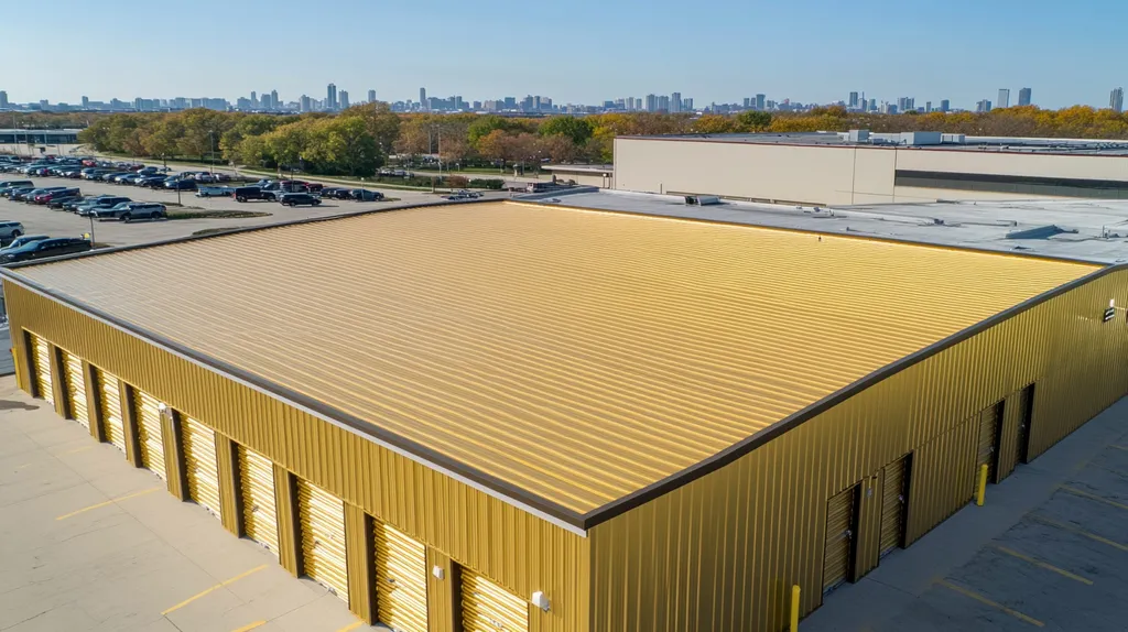 A commercial roof on a storage facility in a location similar to Chicago with a solid gold aesthetic (AI image)