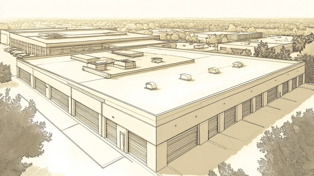 A commercial roof on a storage facility in a location similar to Dallas with an architectural sketch rendering aesthetic (AI image)