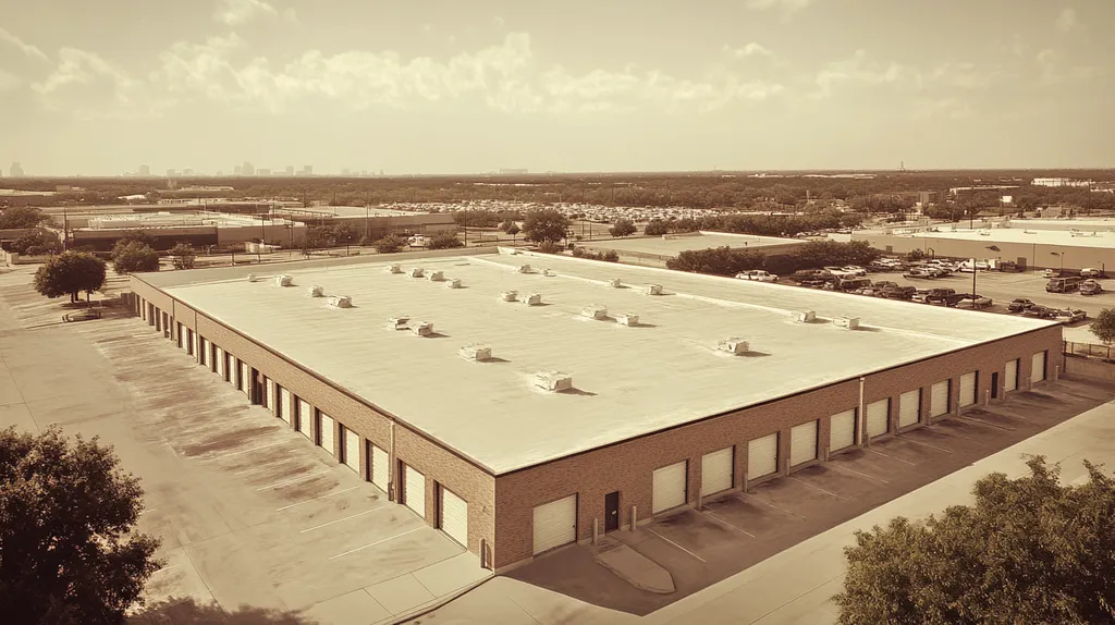 A commercial roof on a storage facility in a location similar to Dallas with an architectural sketch rendering aesthetic (AI image)