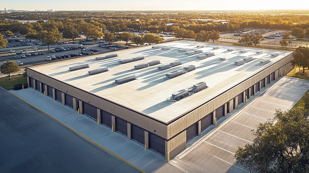 A commercial roof on a storage facility in a location similar to Dallas with an architectural sketch rendering aesthetic (AI image)