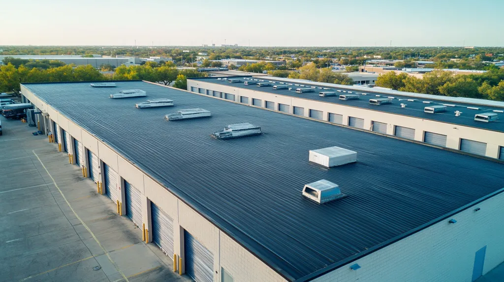 A commercial roof on a storage facility in a location similar to Dallas with a cross-processed look aesthetic (AI image)
