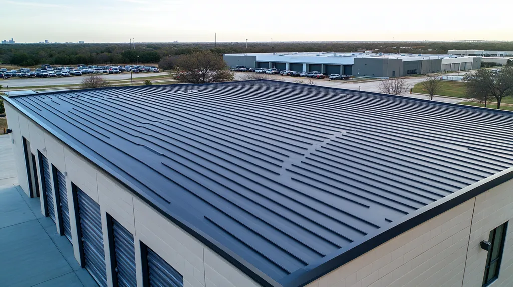 A commercial roof on a storage facility in a location similar to Dallas with a futuristic aesthetic (AI image)