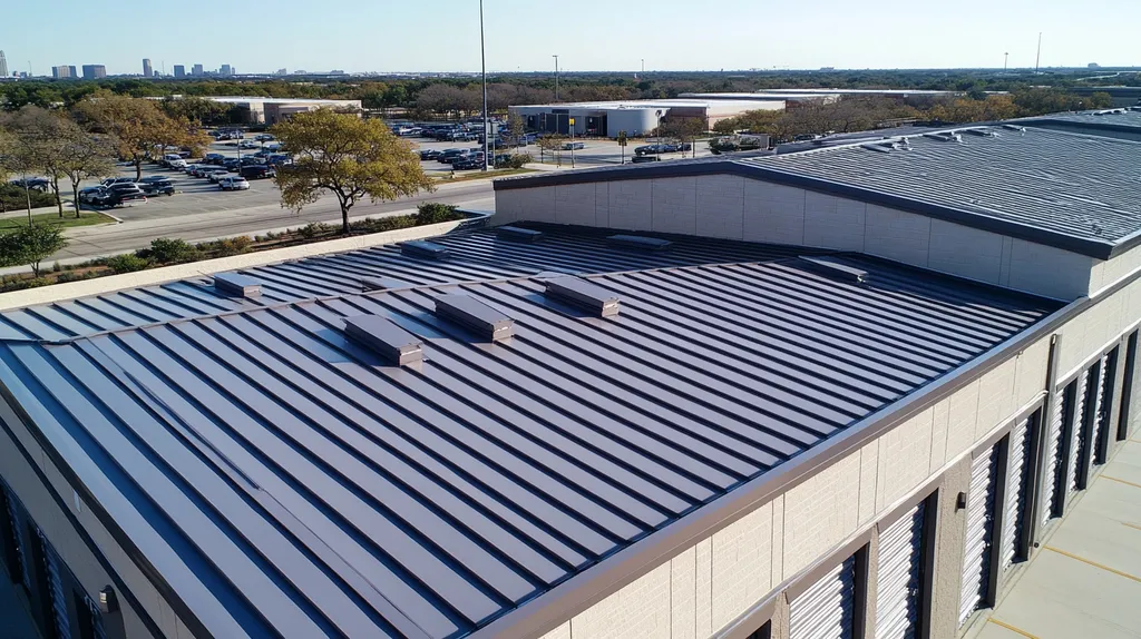 A commercial roof on a storage facility in a location similar to Dallas with a futuristic aesthetic (AI image)