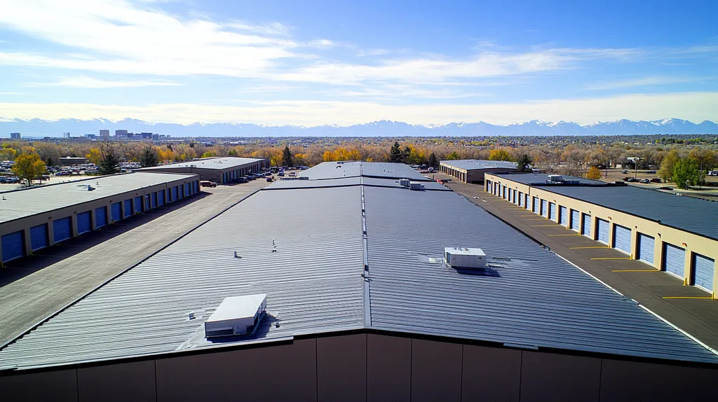 A commercial roof on a storage facility in a location similar to Denver with a cross-processed look aesthetic (AI image)