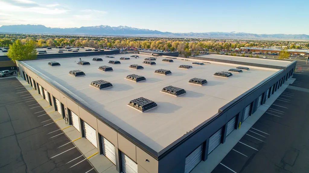 A commercial roof on a storage facility in a location similar to Denver with a futuristic aesthetic (AI image)