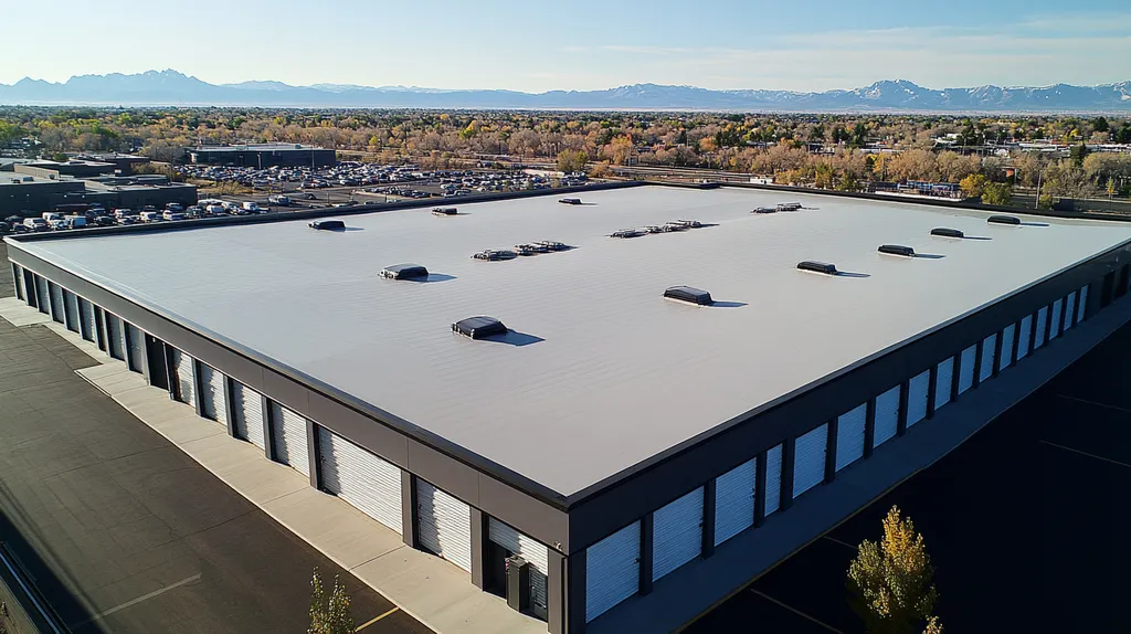 A commercial roof on a storage facility in a location similar to Denver with a futuristic aesthetic (AI image)