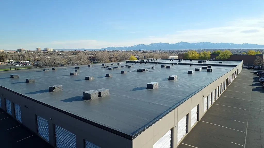 A commercial roof on a storage facility in a location similar to Denver with a futuristic aesthetic (AI image)