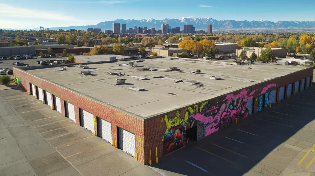 A commercial roof on a storage facility in a location similar to Denver with a graffiti mural aesthetic (AI image)