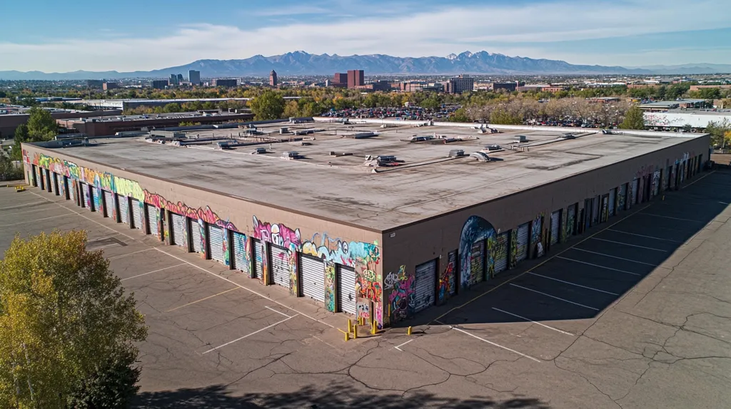 A commercial roof on a storage facility in a location similar to Denver with a graffiti mural aesthetic (AI image)