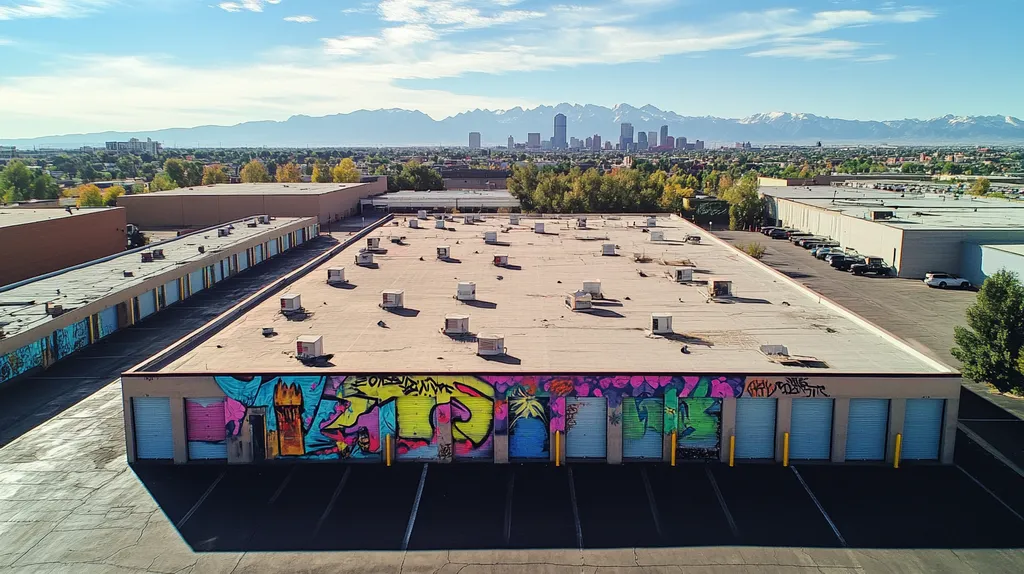 A commercial roof on a storage facility in a location similar to Denver with a graffiti mural aesthetic (AI image)
