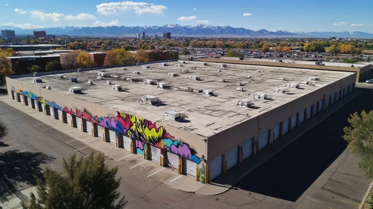 A commercial roof on a storage facility in a location similar to Denver with a graffiti mural aesthetic (AI image)
