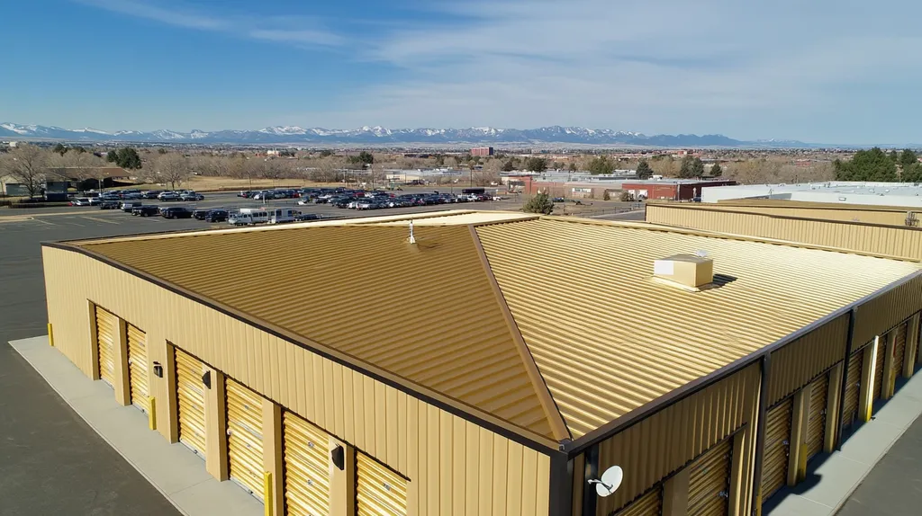 A commercial roof on a storage facility in a location similar to Denver with a solid gold aesthetic (AI image)