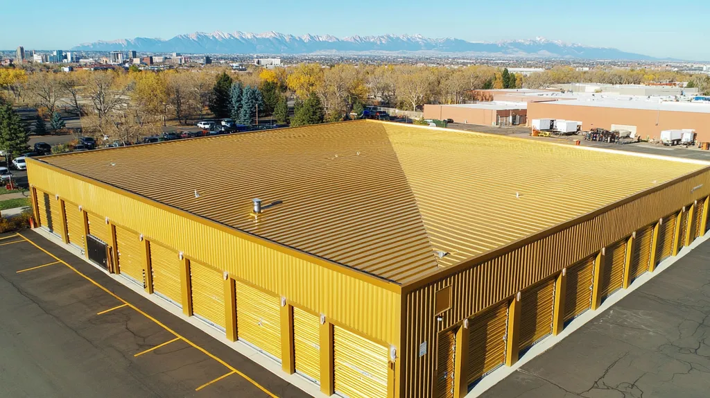 A commercial roof on a storage facility in a location similar to Denver with a solid gold aesthetic (AI image)