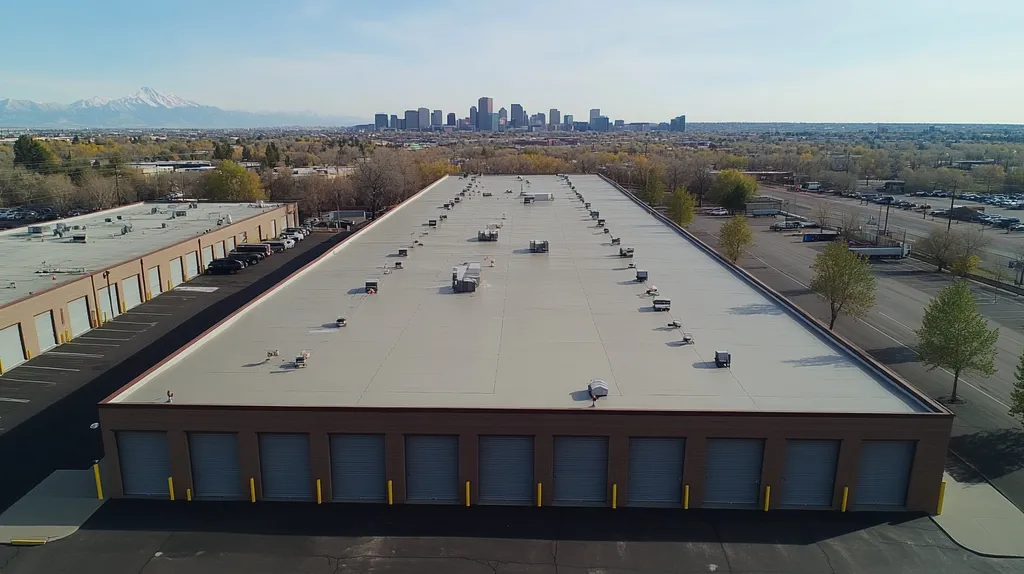 A commercial roof on a storage facility in a location similar to Denver with an urban context aesthetic (AI image)