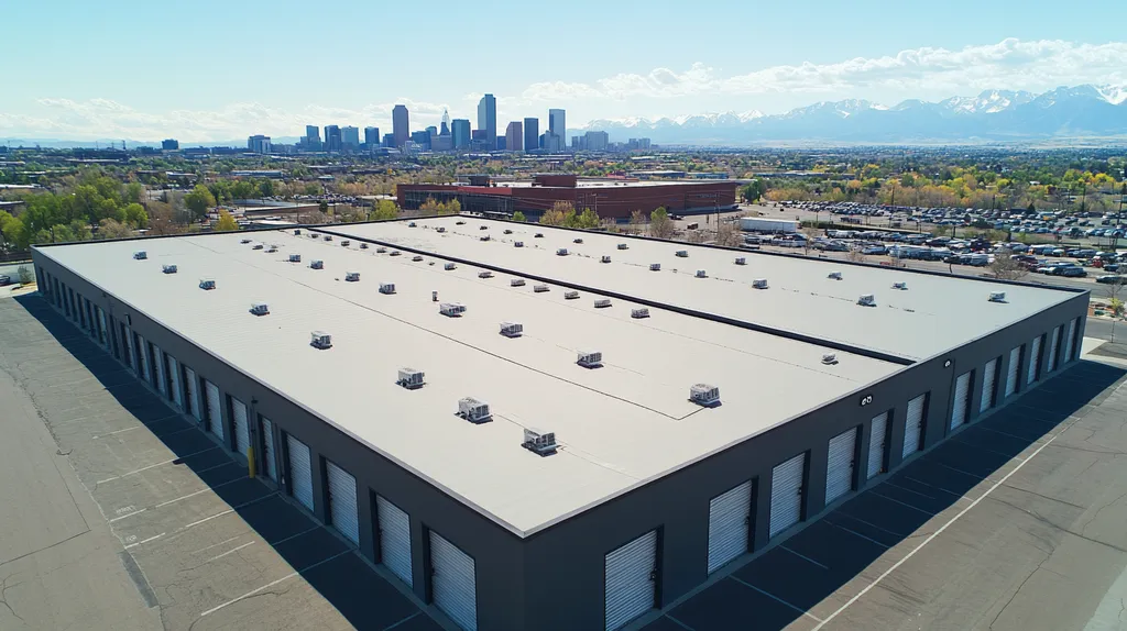 A commercial roof on a storage facility in a location similar to Denver with an urban context aesthetic (AI image)